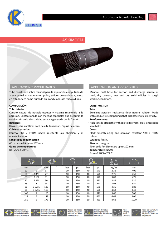 KLEIN S.A Spanish Industrial Hoses from 1/2" to 4" in Hard & Soft types for industrial and oilfield applications.